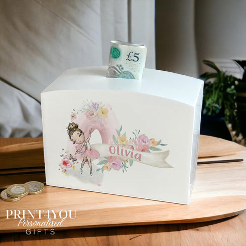Brunette Ballerina with Pink Rainbow Personalised White wooden money Baby Christening Gift Money Saving Box